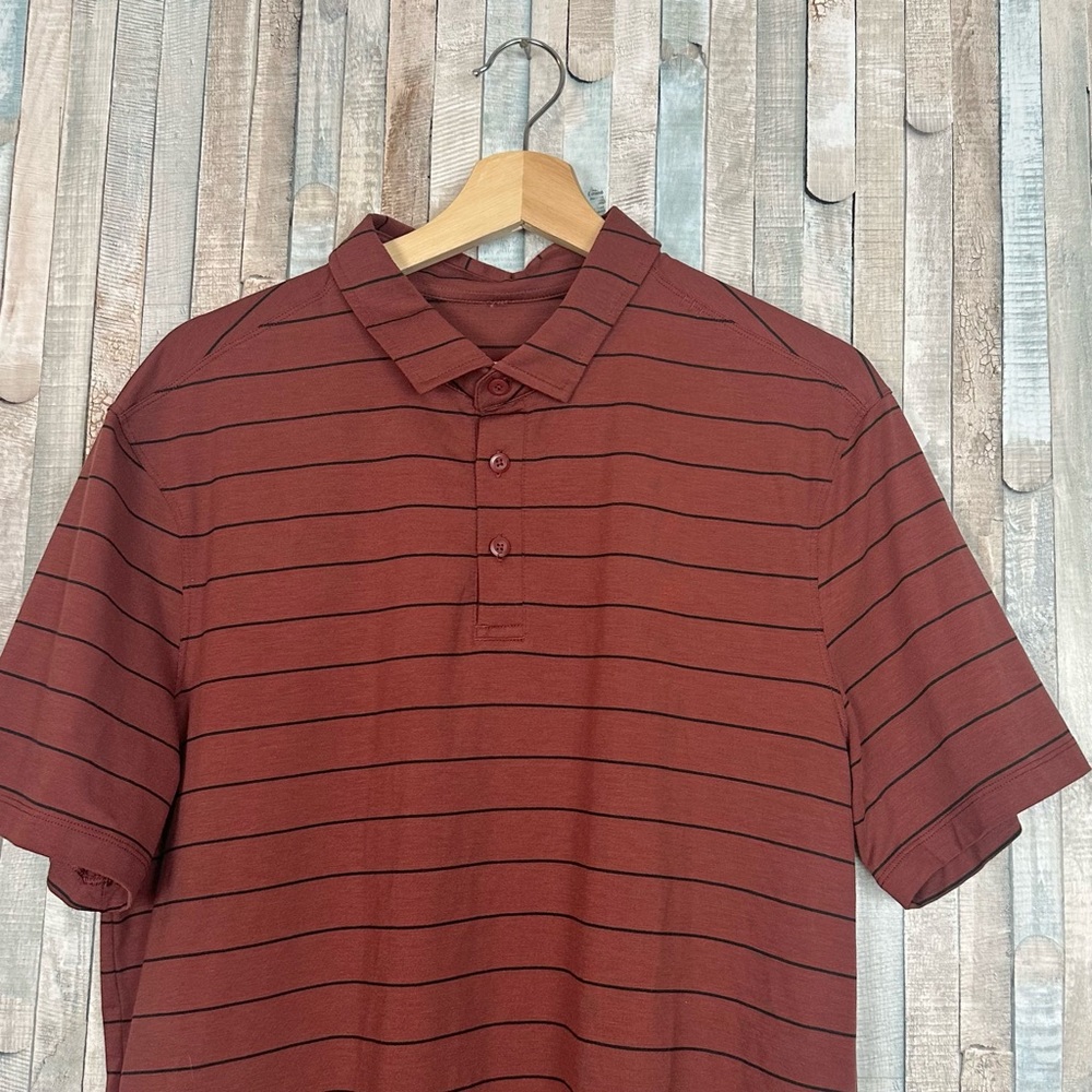 Lululemon L Evolution Short Sleeve Polo Shirt Red‎ Nevis Stripe Savannah Black